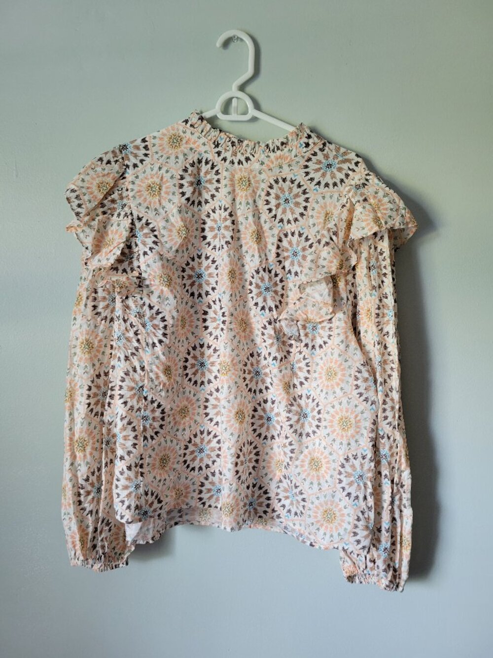 a.n.a Peasant Blouse Women's 3X Beige/Brown Boho Long Sleeve High Neck Top NWT